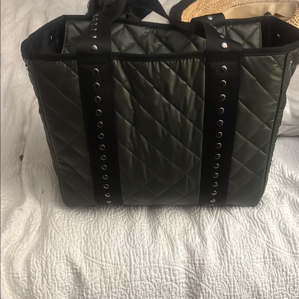 Green and Black Quilted Tote with Studded Details